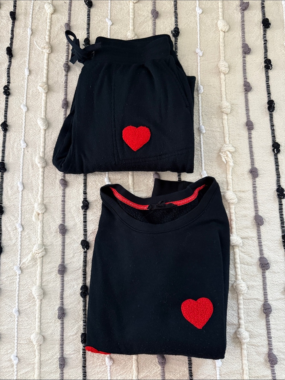 Jane and Delancey Black Sweatshirt & Jogger set with Red Heart Appliqués